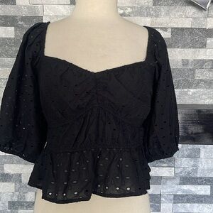 A New Day Blouse Women's M Black Lace Eyelet Puff Sleeve Boho Top